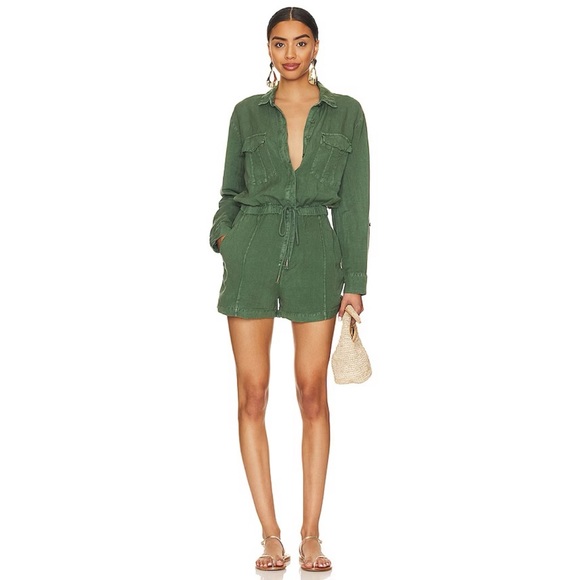 Young Fabulous & Broke Lakeside Linen Romper Palm Pigment Green Small - Picture 13 of 16